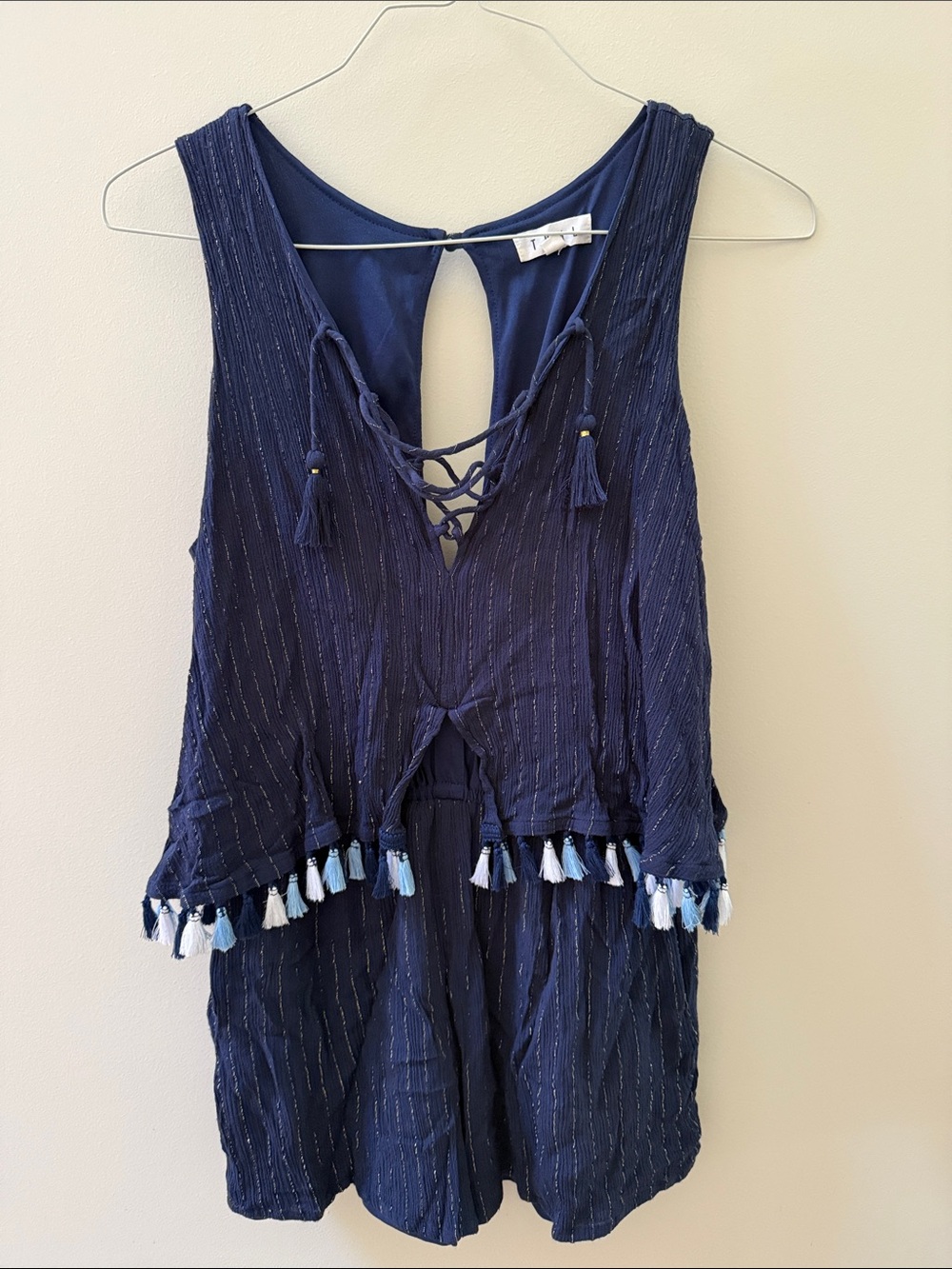 THML Navy Tassel Lace-Up Sleeveless Romper